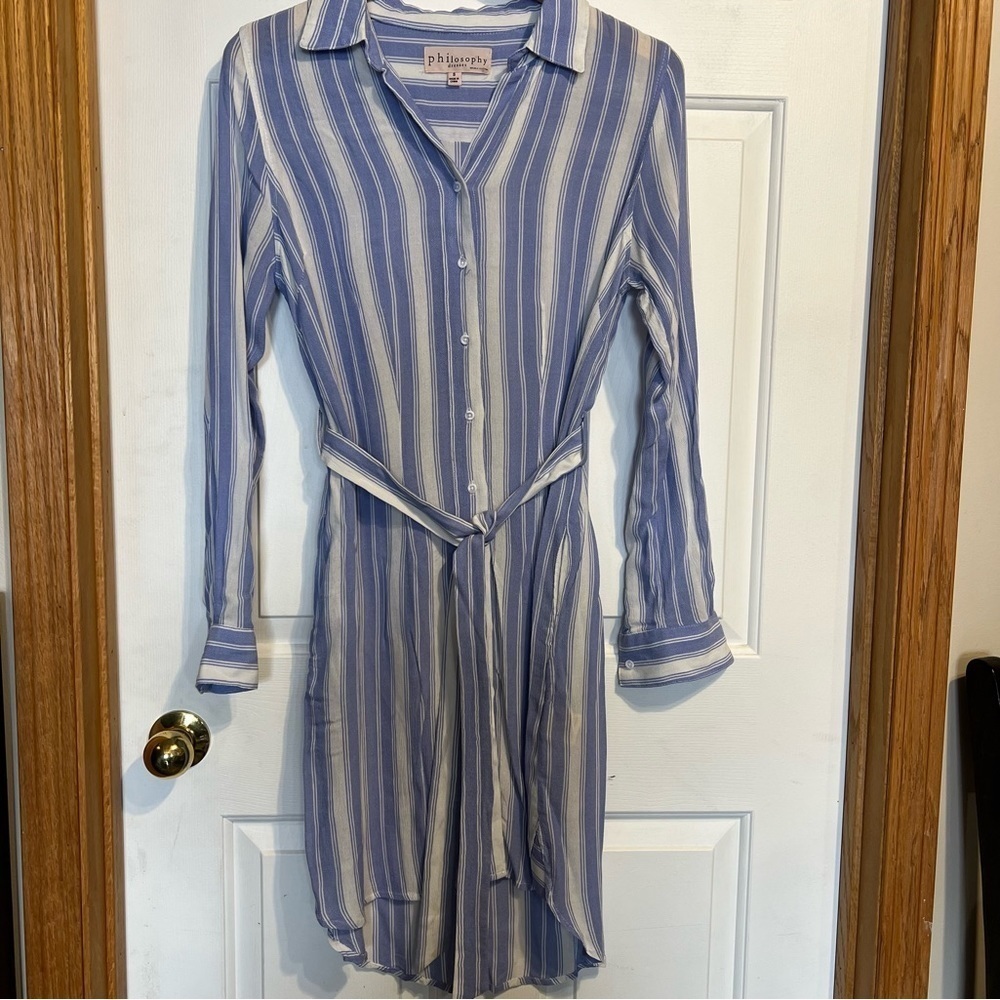 Philosophy Blue and White Striped Long Sleeve Shirt Dress
